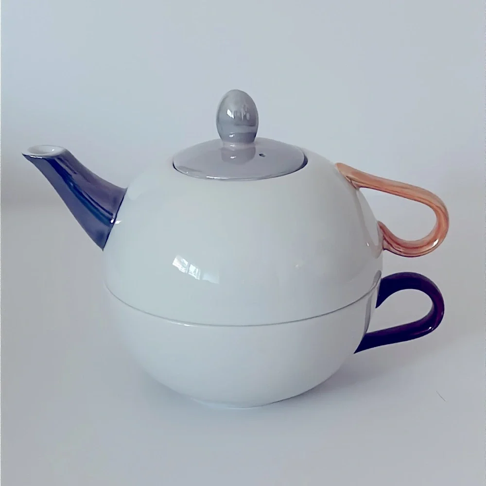 VTG Pottery Barn White Stacking Nested Single Serve Teapot & Cup